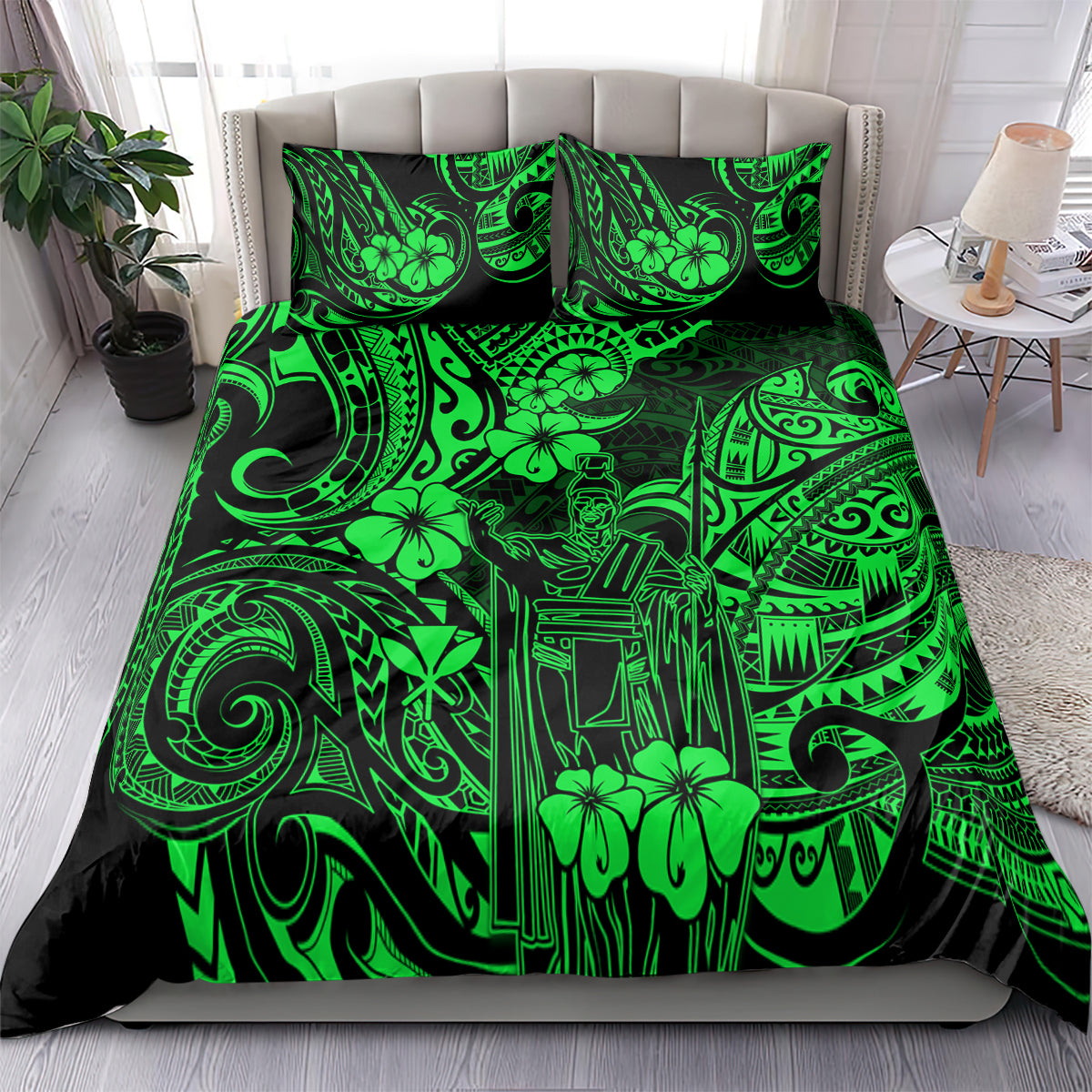 Hawaii King Kamehameha Bedding Set Polynesian Pattern Green Version - Wonder Print Shop