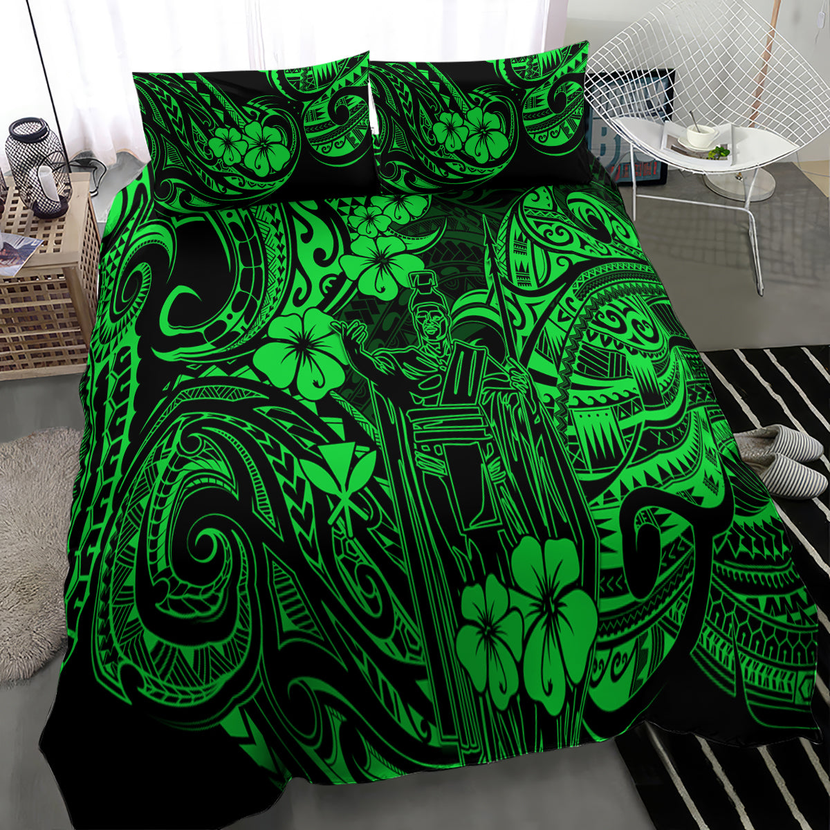 Hawaii King Kamehameha Bedding Set Polynesian Pattern Green Version - Wonder Print Shop