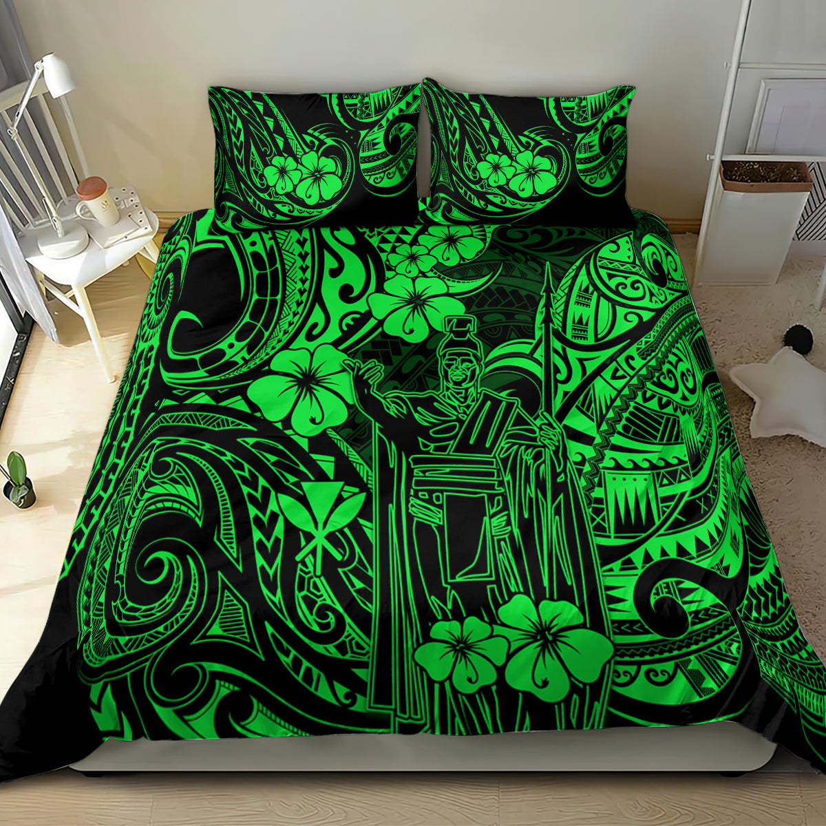 Hawaii King Kamehameha Bedding Set Polynesian Pattern Green Version - Wonder Print Shop