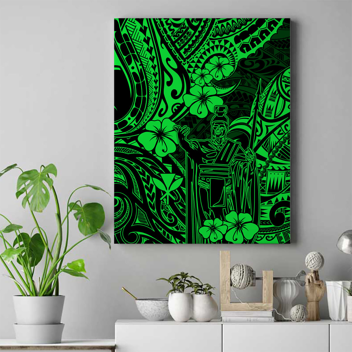 Hawaii King Kamehameha Canvas Wall Art Polynesian Pattern Green Version - Wonder Print Shop