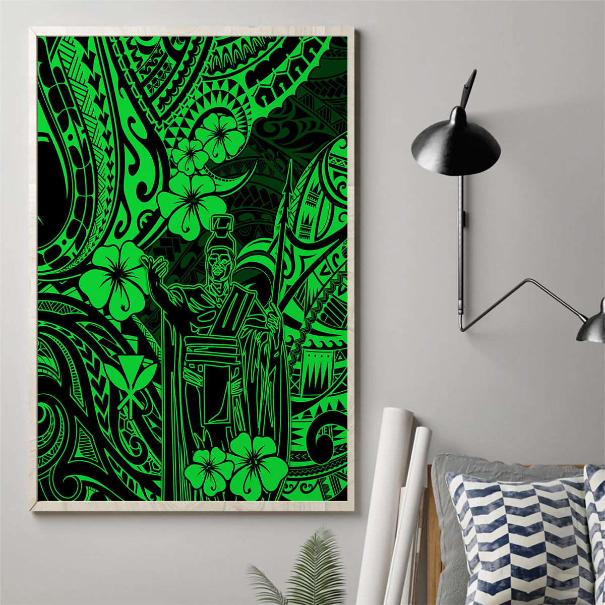 Hawaii King Kamehameha Canvas Wall Art Polynesian Pattern Green Version - Wonder Print Shop