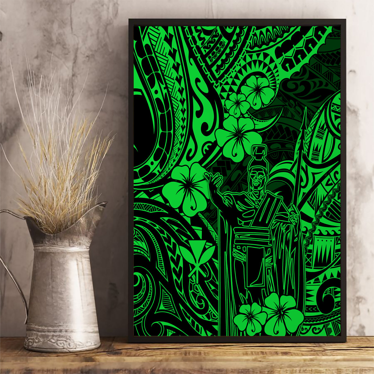 Hawaii King Kamehameha Canvas Wall Art Polynesian Pattern Green Version - Wonder Print Shop