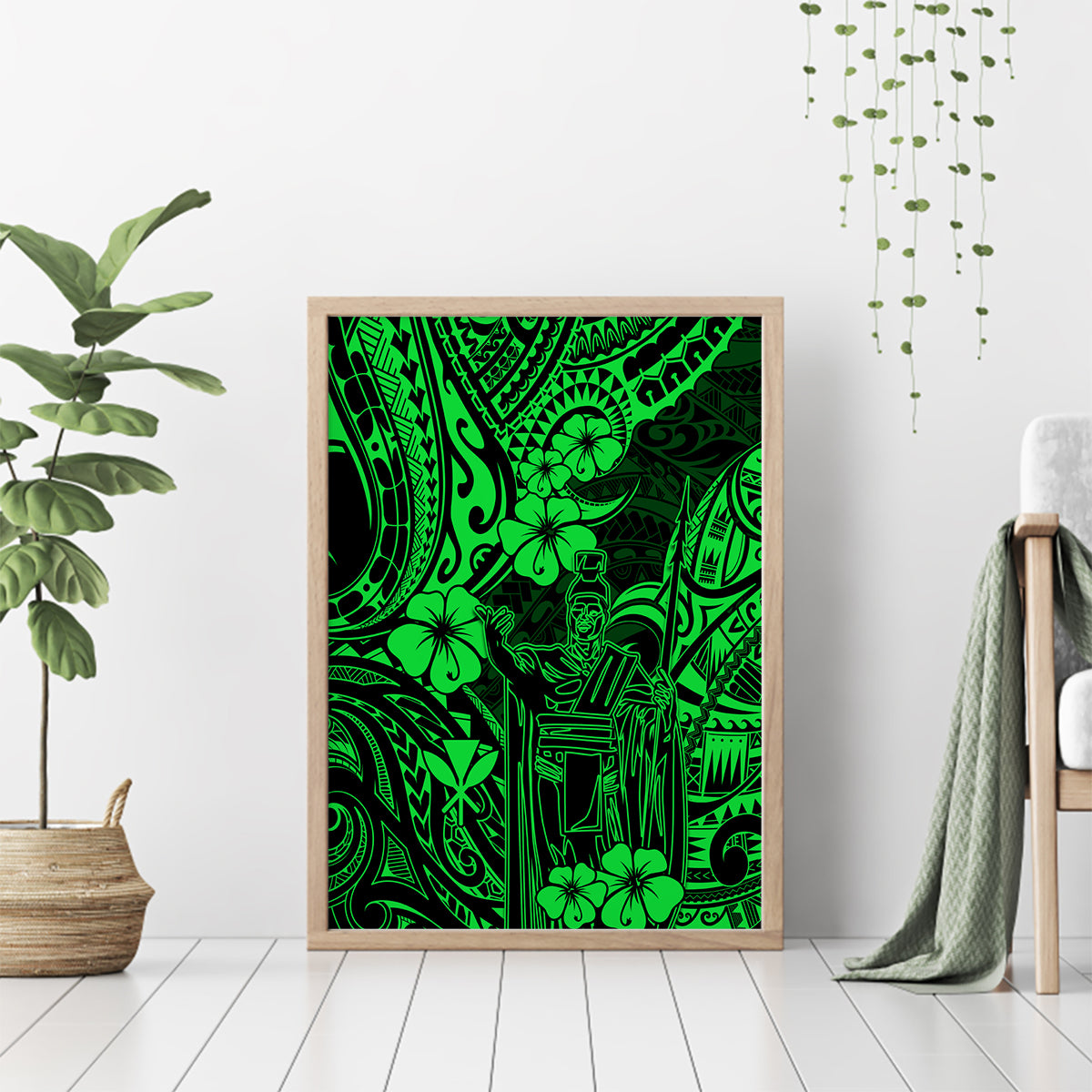 Hawaii King Kamehameha Canvas Wall Art Polynesian Pattern Green Version - Wonder Print Shop