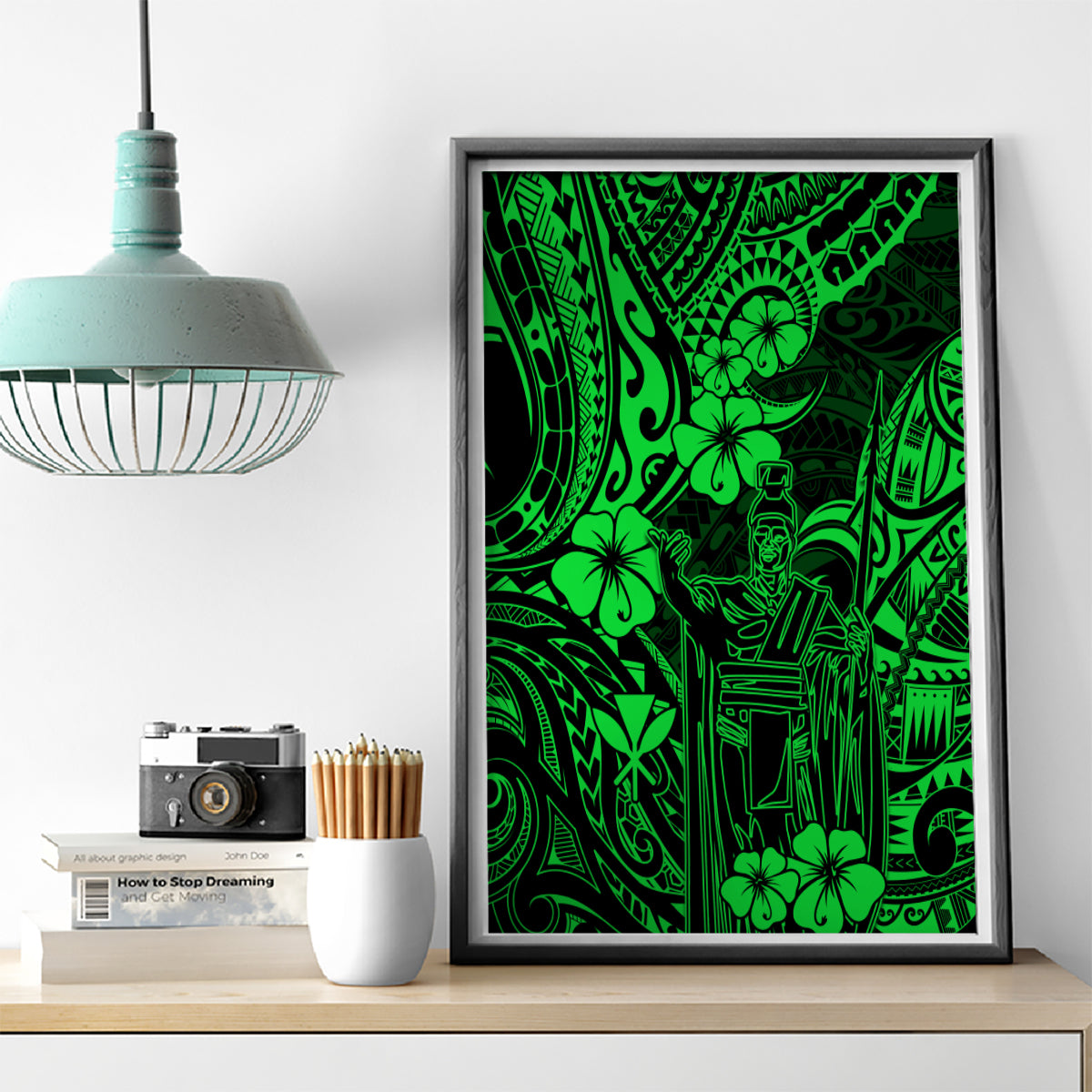 Hawaii King Kamehameha Canvas Wall Art Polynesian Pattern Green Version - Wonder Print Shop