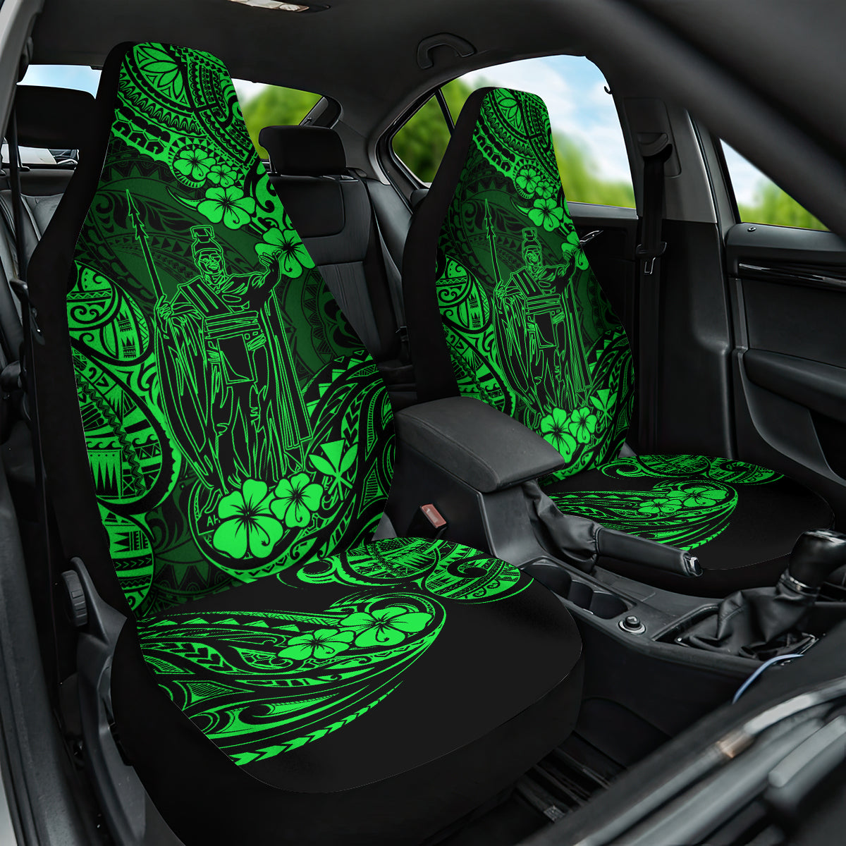 Hawaii King Kamehameha Car Seat Cover Polynesian Pattern Green Version - Wonder Print Shop