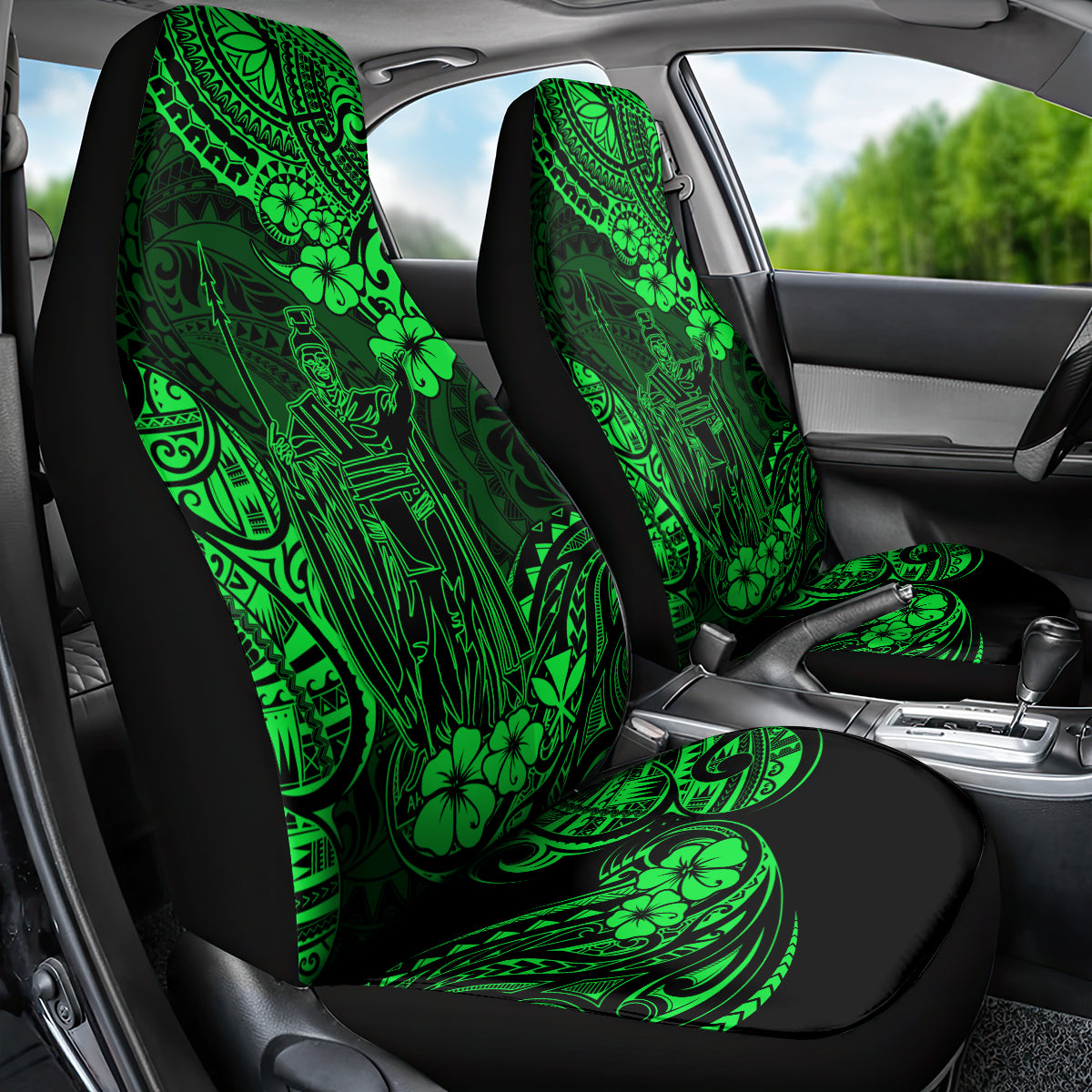 Hawaii King Kamehameha Car Seat Cover Polynesian Pattern Green Version - Wonder Print Shop