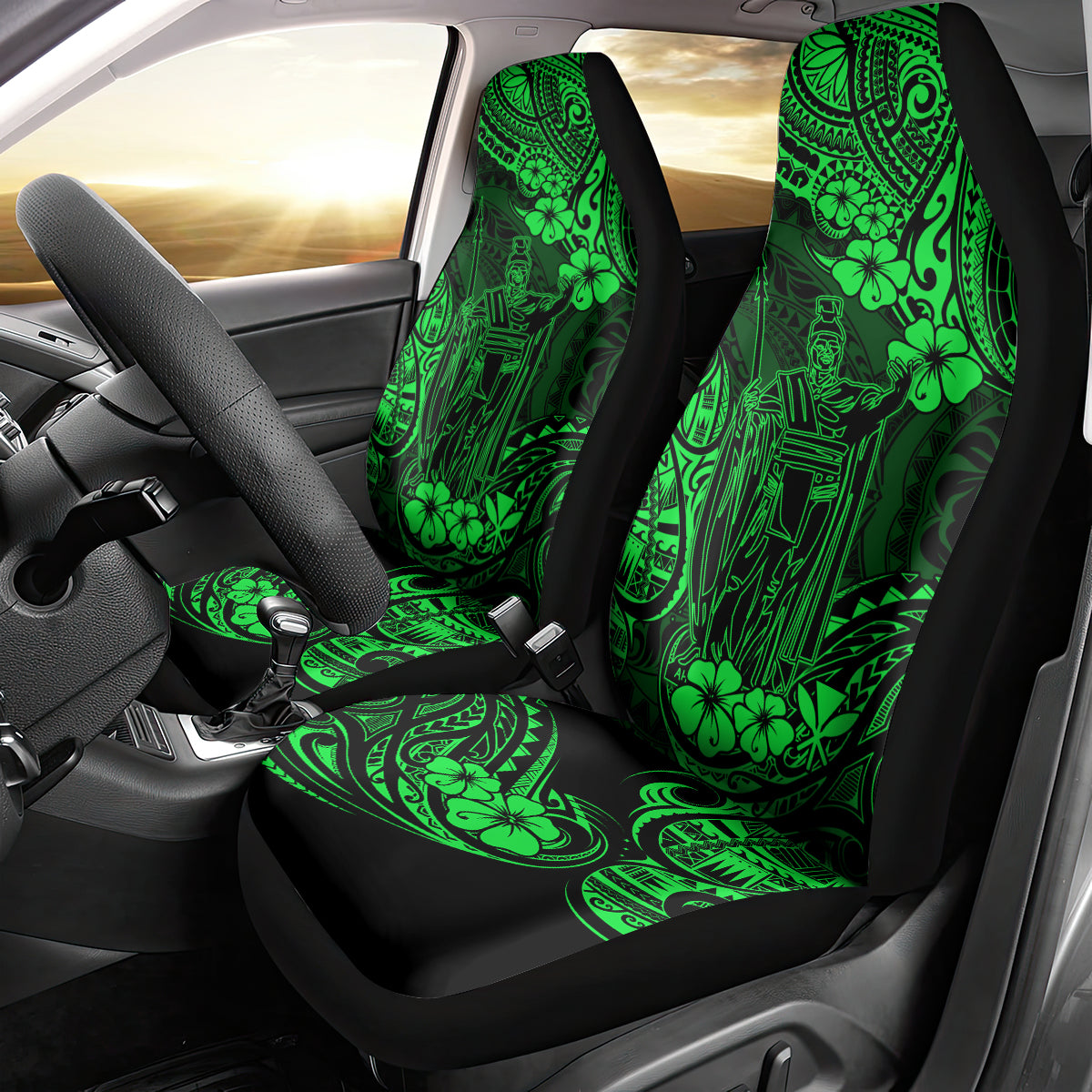 Hawaii King Kamehameha Car Seat Cover Polynesian Pattern Green Version - Wonder Print Shop