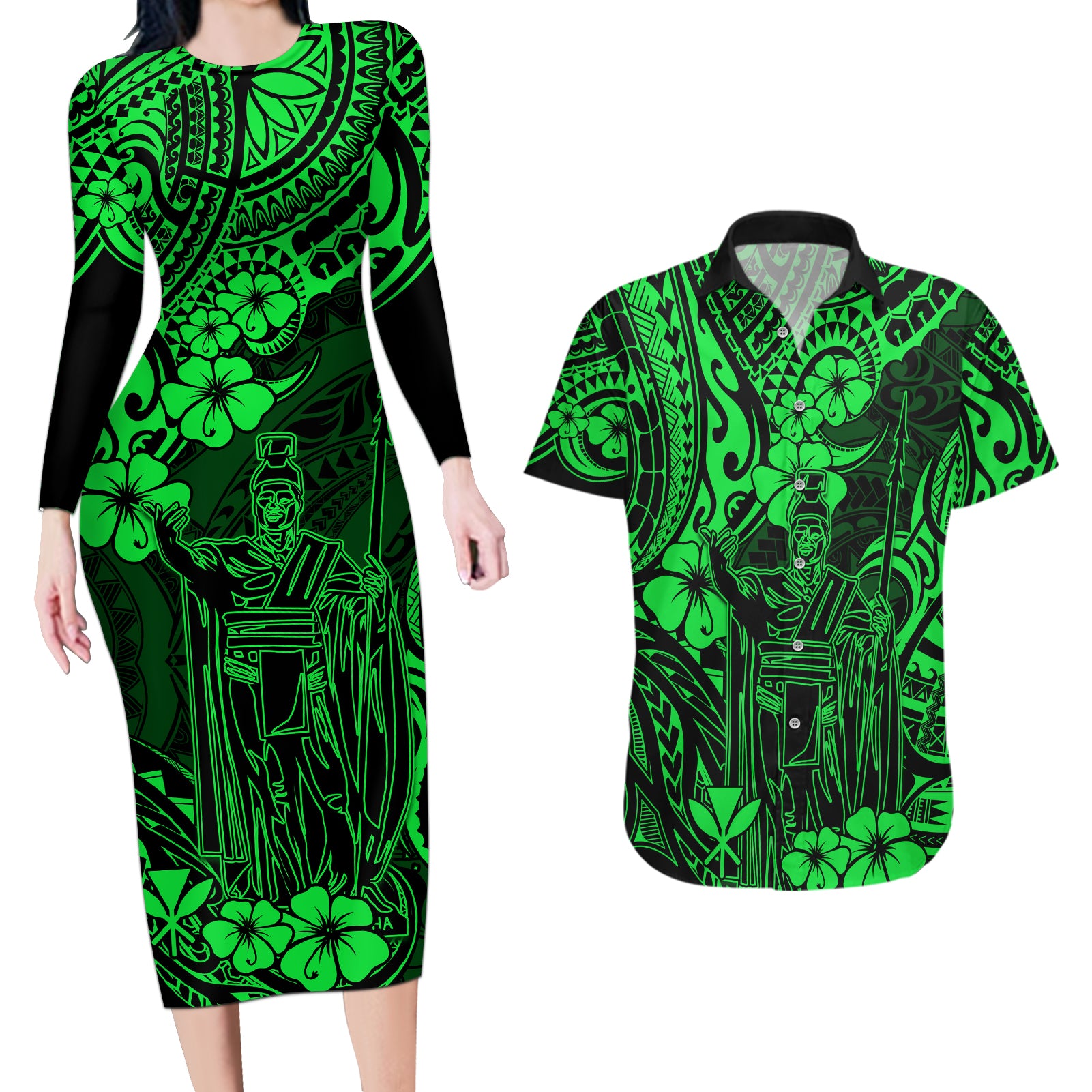 Hawaii King Kamehameha Couples Matching Long Sleeve Bodycon Dress and Hawaiian Shirt Polynesian Pattern Green Version - Wonder Print Shop