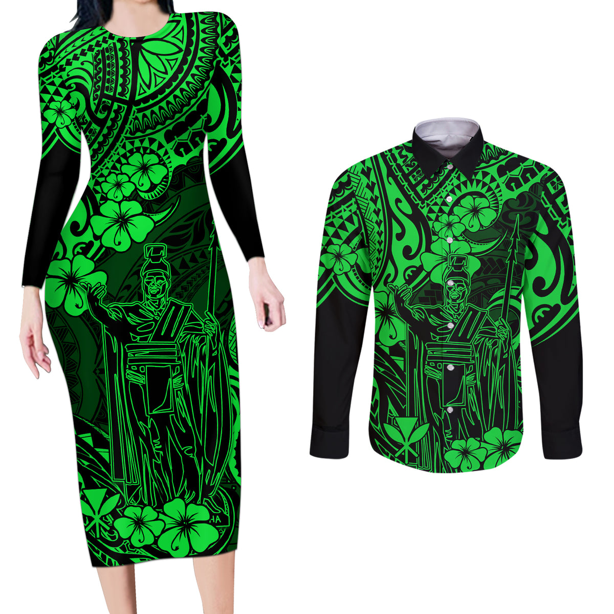 Hawaii King Kamehameha Couples Matching Long Sleeve Bodycon Dress and Long Sleeve Button Shirts Polynesian Pattern Green Version - Wonder Print Shop