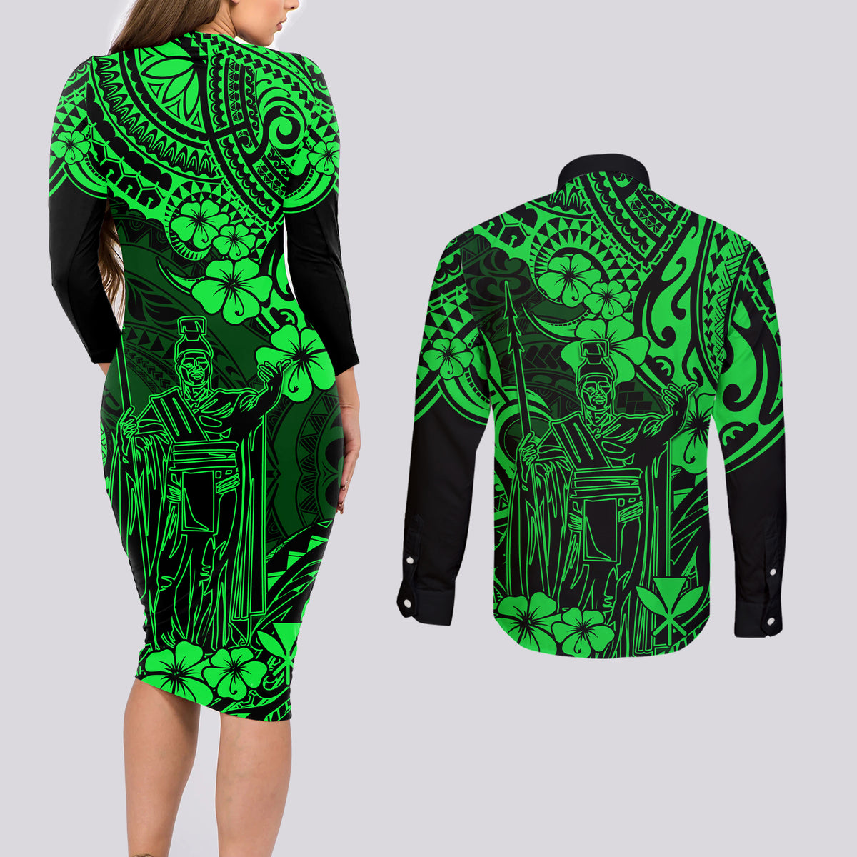 Hawaii King Kamehameha Couples Matching Long Sleeve Bodycon Dress and Long Sleeve Button Shirts Polynesian Pattern Green Version - Wonder Print Shop
