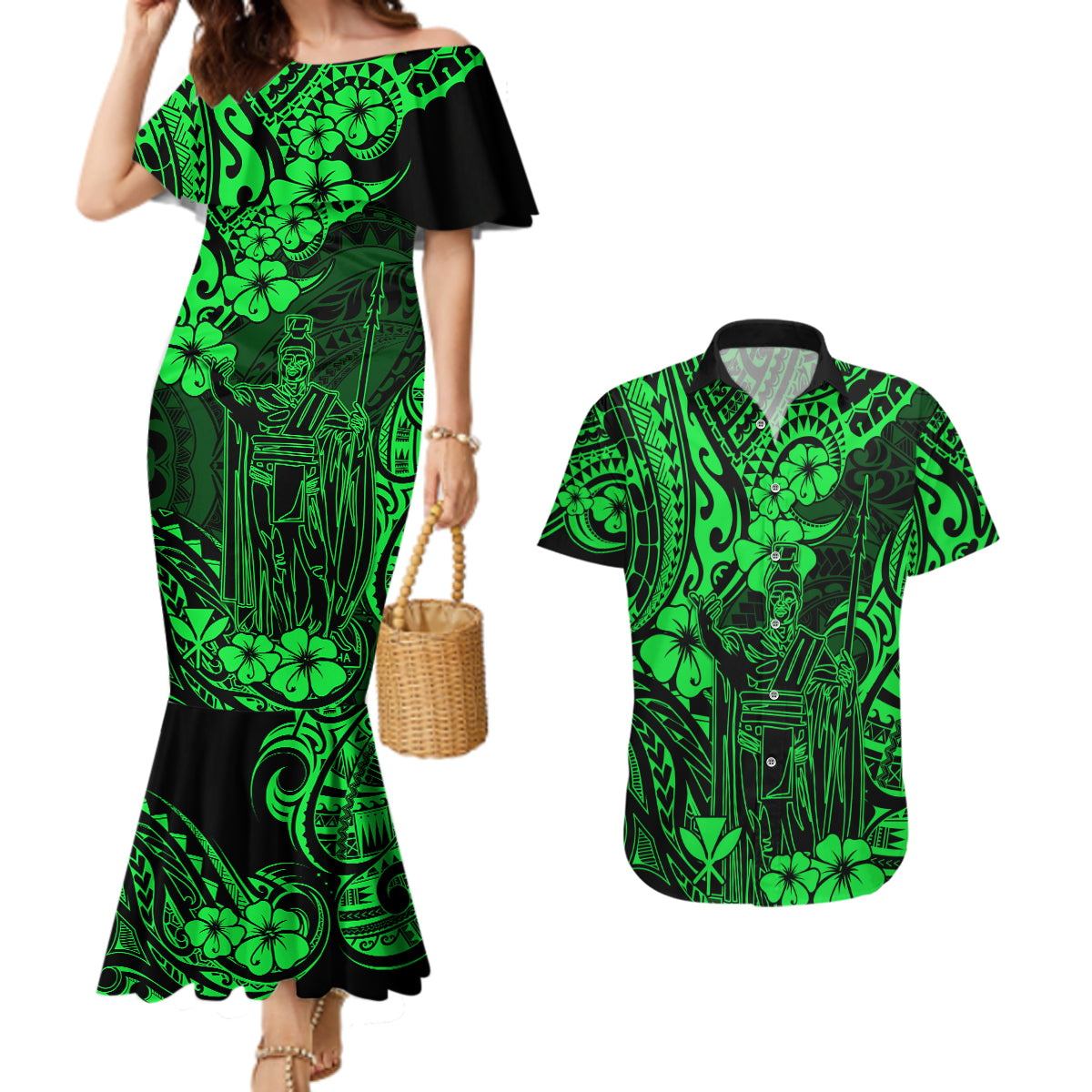 Hawaii King Kamehameha Couples Matching Mermaid Dress and Hawaiian Shirt Polynesian Pattern Green Version - Wonder Print Shop