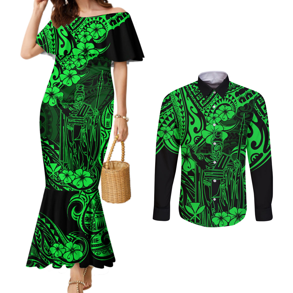 hawaii-king-kamehameha-couples-matching-mermaid-dress-and-long-sleeve-button-shirts-polynesian-pattern-green-version