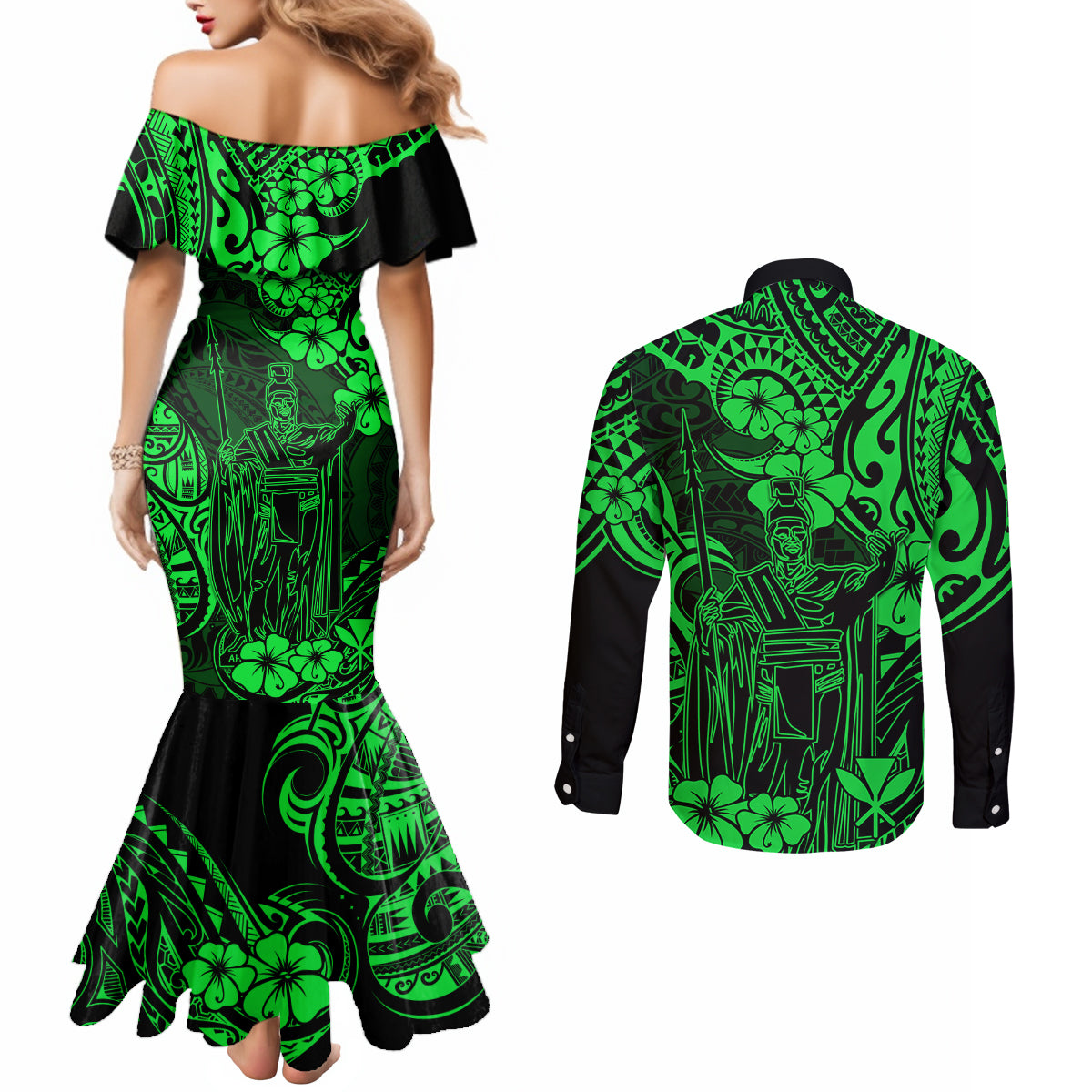 hawaii-king-kamehameha-couples-matching-mermaid-dress-and-long-sleeve-button-shirts-polynesian-pattern-green-version