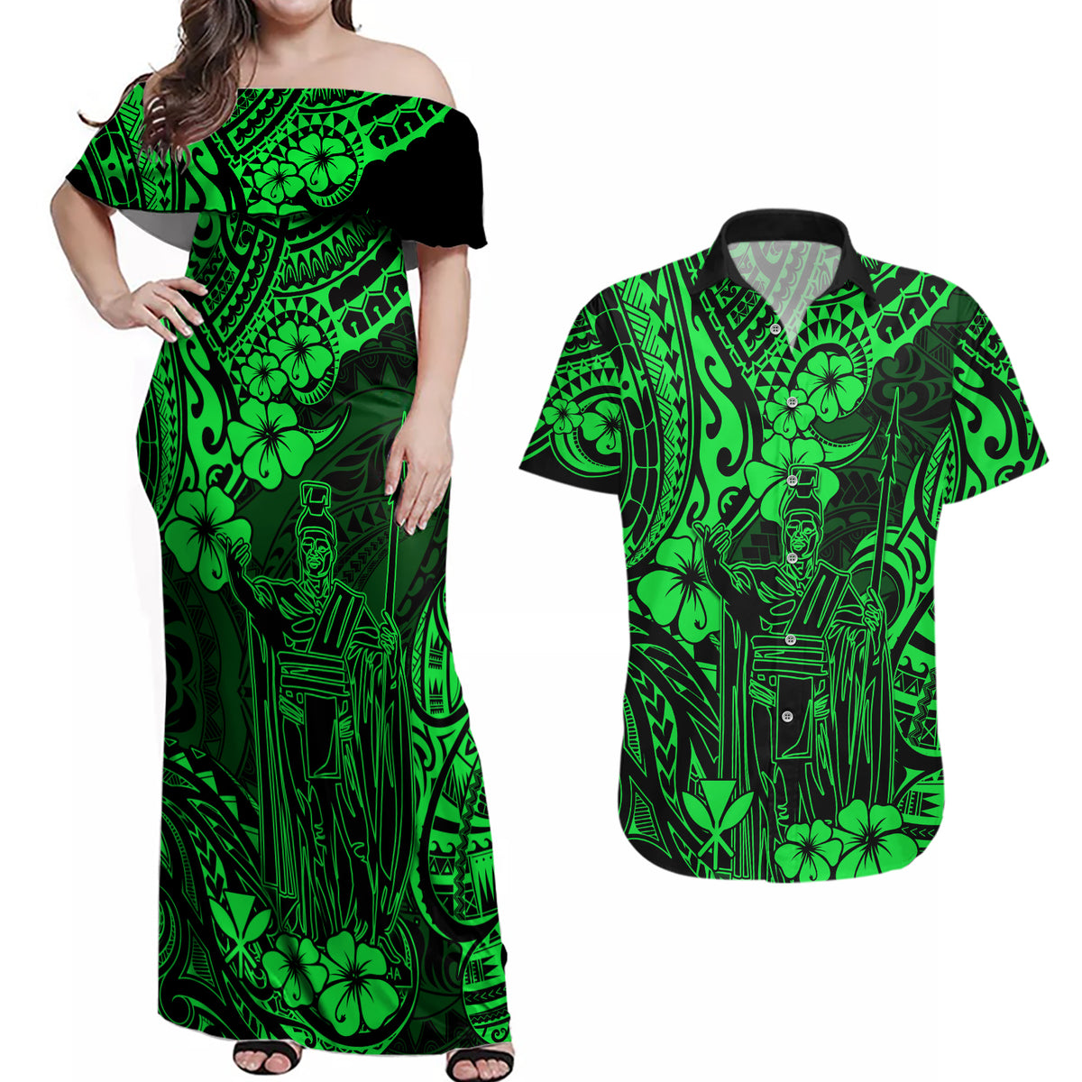 Hawaii King Kamehameha Couples Matching Off Shoulder Maxi Dress and Hawaiian Shirt Polynesian Pattern Green Version - Wonder Print Shop