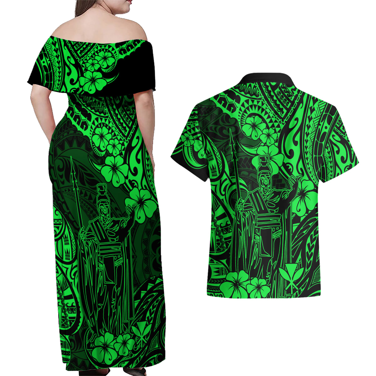 Hawaii King Kamehameha Couples Matching Off Shoulder Maxi Dress and Hawaiian Shirt Polynesian Pattern Green Version - Wonder Print Shop