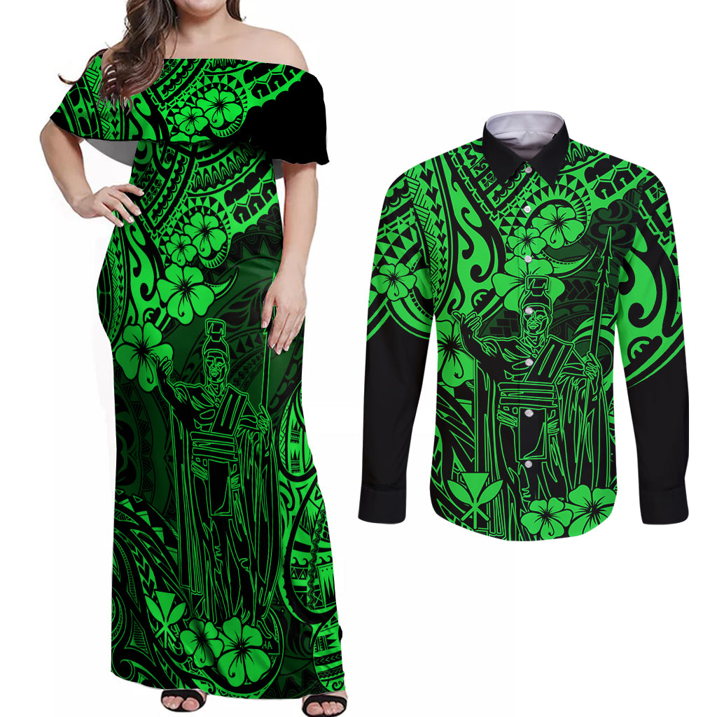 Hawaii King Kamehameha Couples Matching Off Shoulder Maxi Dress and Long Sleeve Button Shirts Polynesian Pattern Green Version - Wonder Print Shop