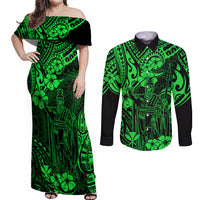 Hawaii King Kamehameha Couples Matching Off Shoulder Maxi Dress and Long Sleeve Button Shirts Polynesian Pattern Green Version - Wonder Print Shop