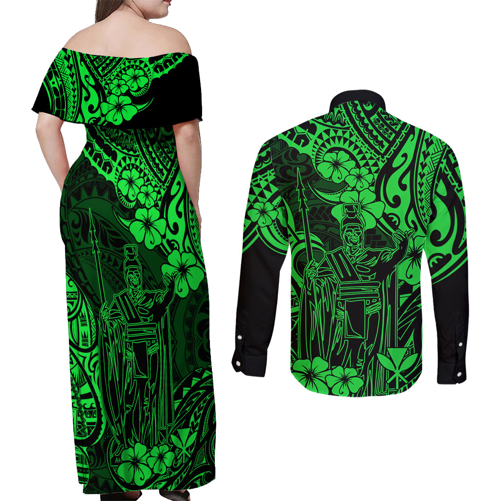 Hawaii King Kamehameha Couples Matching Off Shoulder Maxi Dress and Long Sleeve Button Shirts Polynesian Pattern Green Version - Wonder Print Shop
