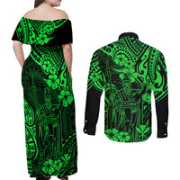 Hawaii King Kamehameha Couples Matching Off Shoulder Maxi Dress and Long Sleeve Button Shirts Polynesian Pattern Green Version - Wonder Print Shop
