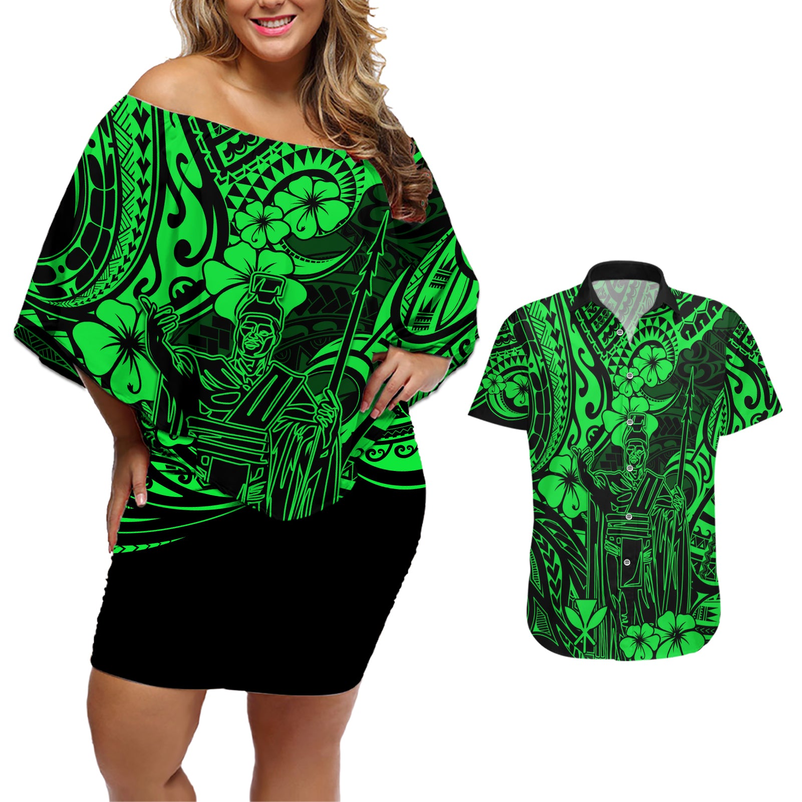 Hawaii King Kamehameha Couples Matching Off Shoulder Short Dress and Hawaiian Shirt Polynesian Pattern Green Version - Wonder Print Shop