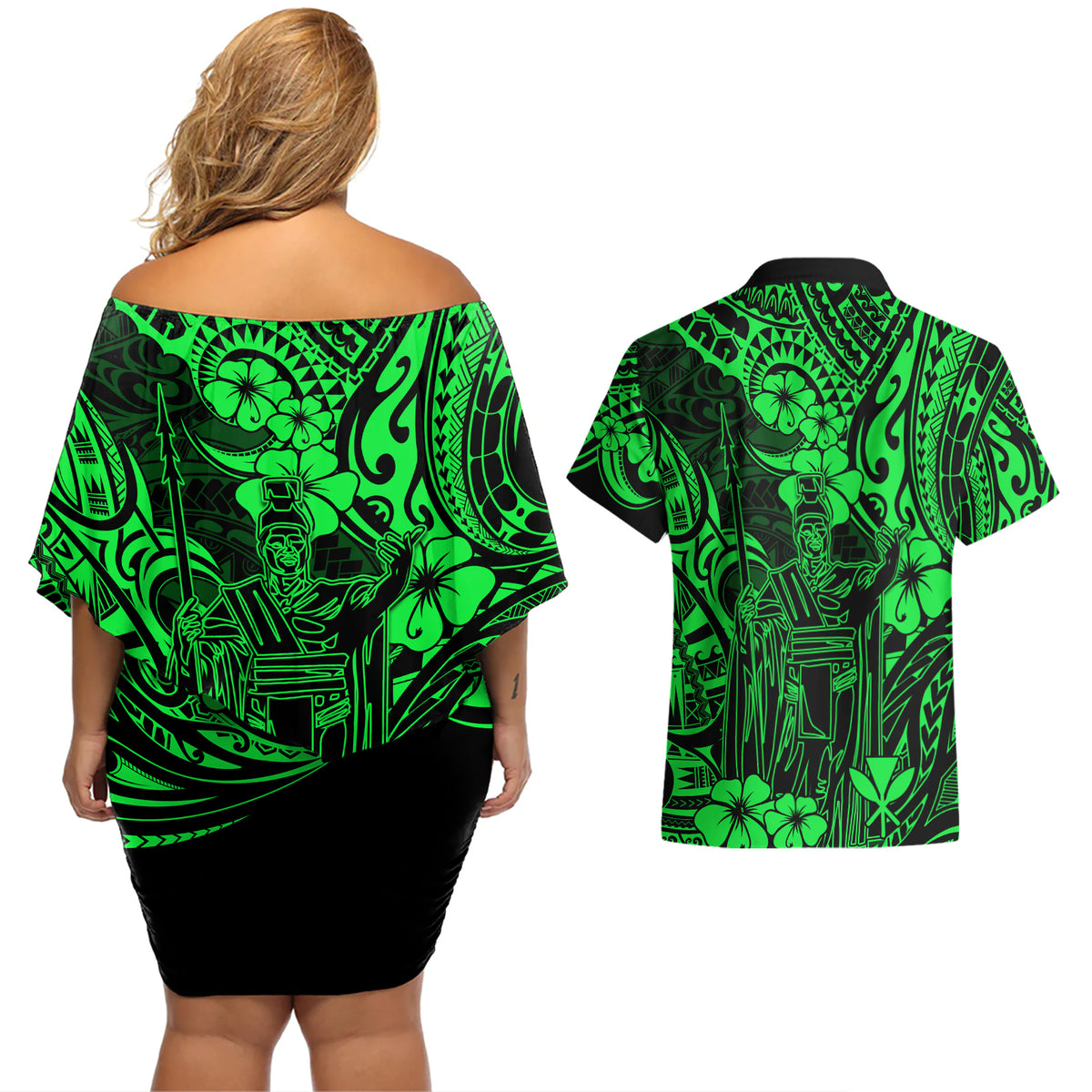 Hawaii King Kamehameha Couples Matching Off Shoulder Short Dress and Hawaiian Shirt Polynesian Pattern Green Version - Wonder Print Shop
