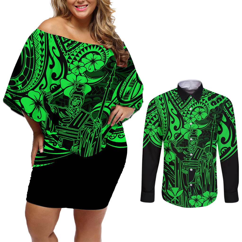 Hawaii King Kamehameha Couples Matching Off Shoulder Short Dress and Long Sleeve Button Shirts Polynesian Pattern Green Version - Wonder Print Shop