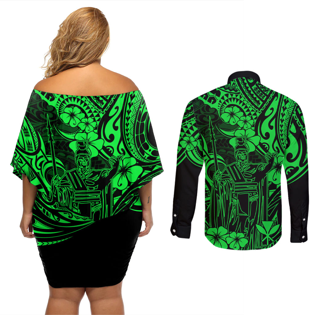 Hawaii King Kamehameha Couples Matching Off Shoulder Short Dress and Long Sleeve Button Shirts Polynesian Pattern Green Version - Wonder Print Shop