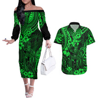 Hawaii King Kamehameha Couples Matching Off The Shoulder Long Sleeve Dress and Hawaiian Shirt Polynesian Pattern Green Version - Wonder Print Shop