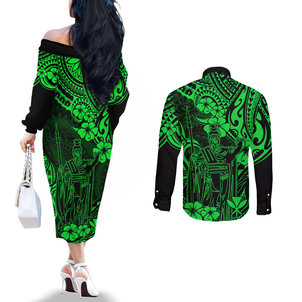 hawaii-king-kamehameha-couples-matching-off-the-shoulder-long-sleeve-dress-and-long-sleeve-button-shirts-polynesian-pattern-green-version