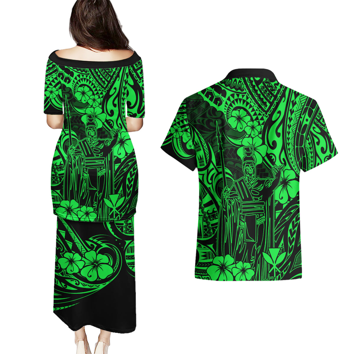 Hawaii King Kamehameha Couples Matching Puletasi Dress and Hawaiian Shirt Polynesian Pattern Green Version - Wonder Print Shop
