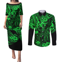 Hawaii King Kamehameha Couples Matching Puletasi Dress and Long Sleeve Button Shirts Polynesian Pattern Green Version - Wonder Print Shop