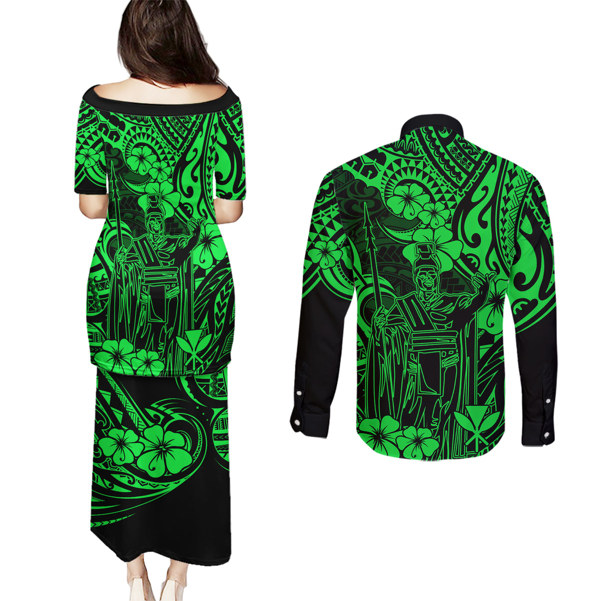 Hawaii King Kamehameha Couples Matching Puletasi Dress and Long Sleeve Button Shirts Polynesian Pattern Green Version - Wonder Print Shop
