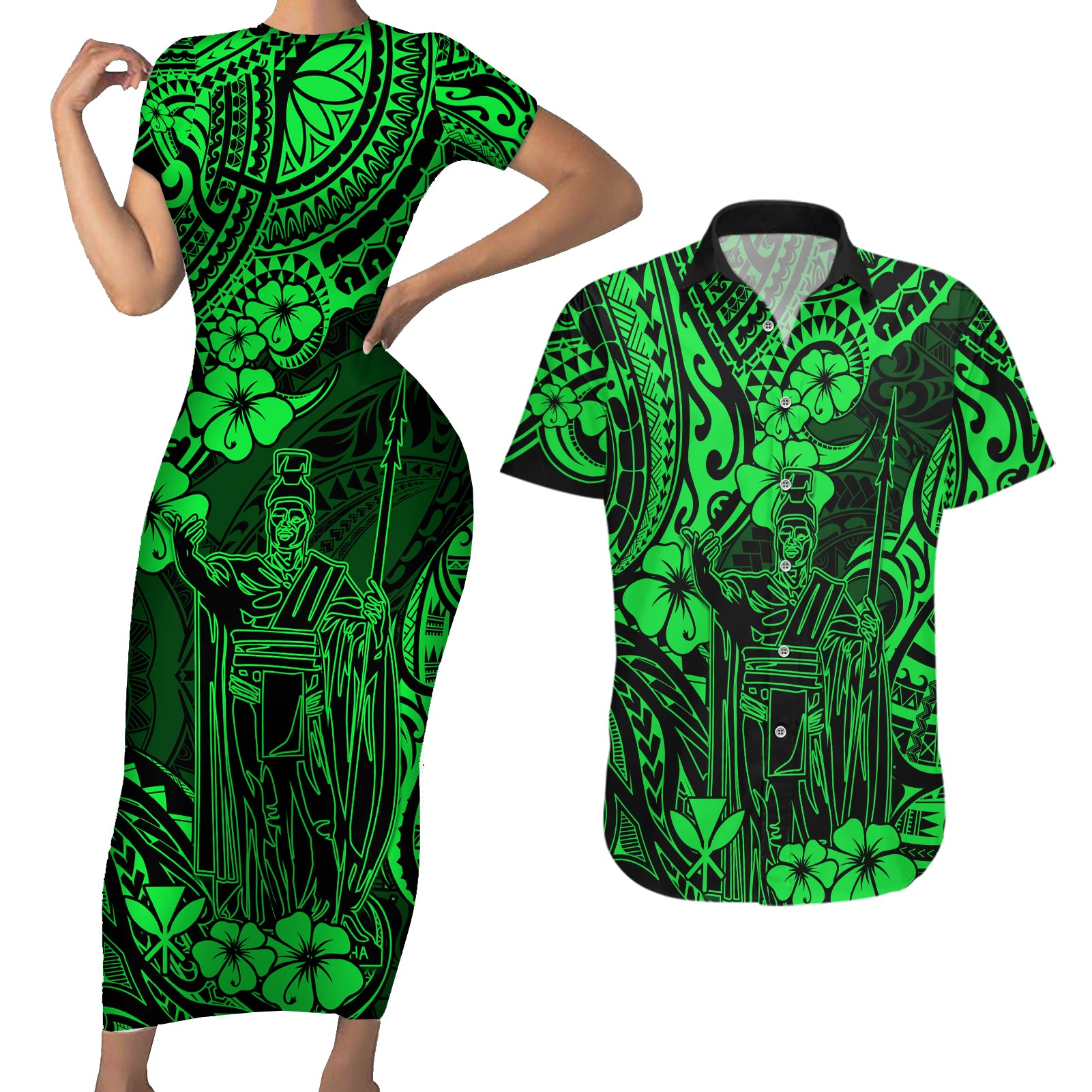 Hawaii King Kamehameha Couples Matching Short Sleeve Bodycon Dress and Hawaiian Shirt Polynesian Pattern Green Version - Wonder Print Shop