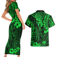Hawaii King Kamehameha Couples Matching Short Sleeve Bodycon Dress and Hawaiian Shirt Polynesian Pattern Green Version - Wonder Print Shop