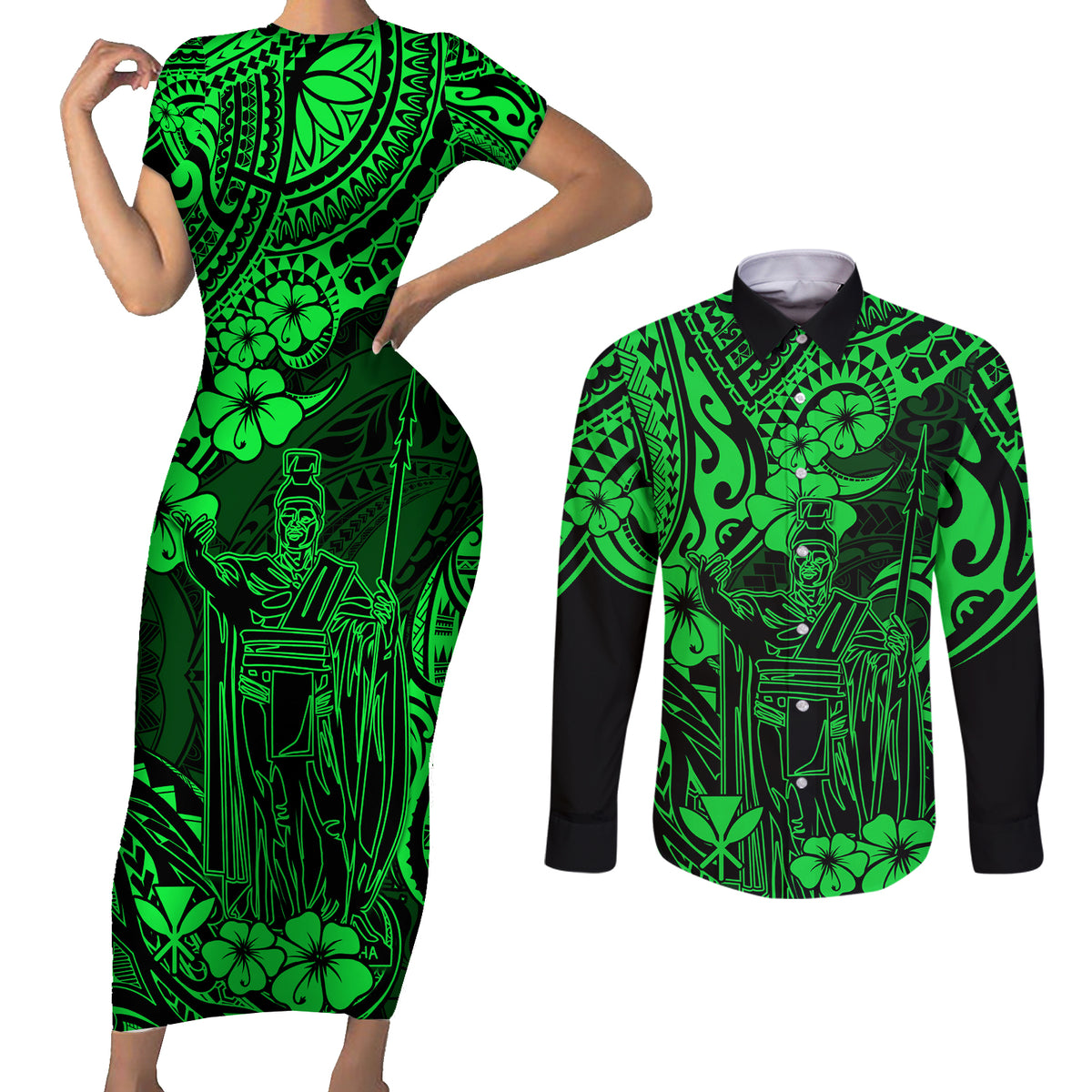 Hawaii King Kamehameha Couples Matching Short Sleeve Bodycon Dress and Long Sleeve Button Shirts Polynesian Pattern Green Version - Wonder Print Shop