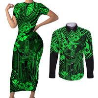 Hawaii King Kamehameha Couples Matching Short Sleeve Bodycon Dress and Long Sleeve Button Shirts Polynesian Pattern Green Version - Wonder Print Shop