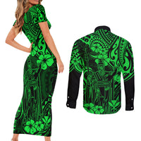 Hawaii King Kamehameha Couples Matching Short Sleeve Bodycon Dress and Long Sleeve Button Shirts Polynesian Pattern Green Version - Wonder Print Shop