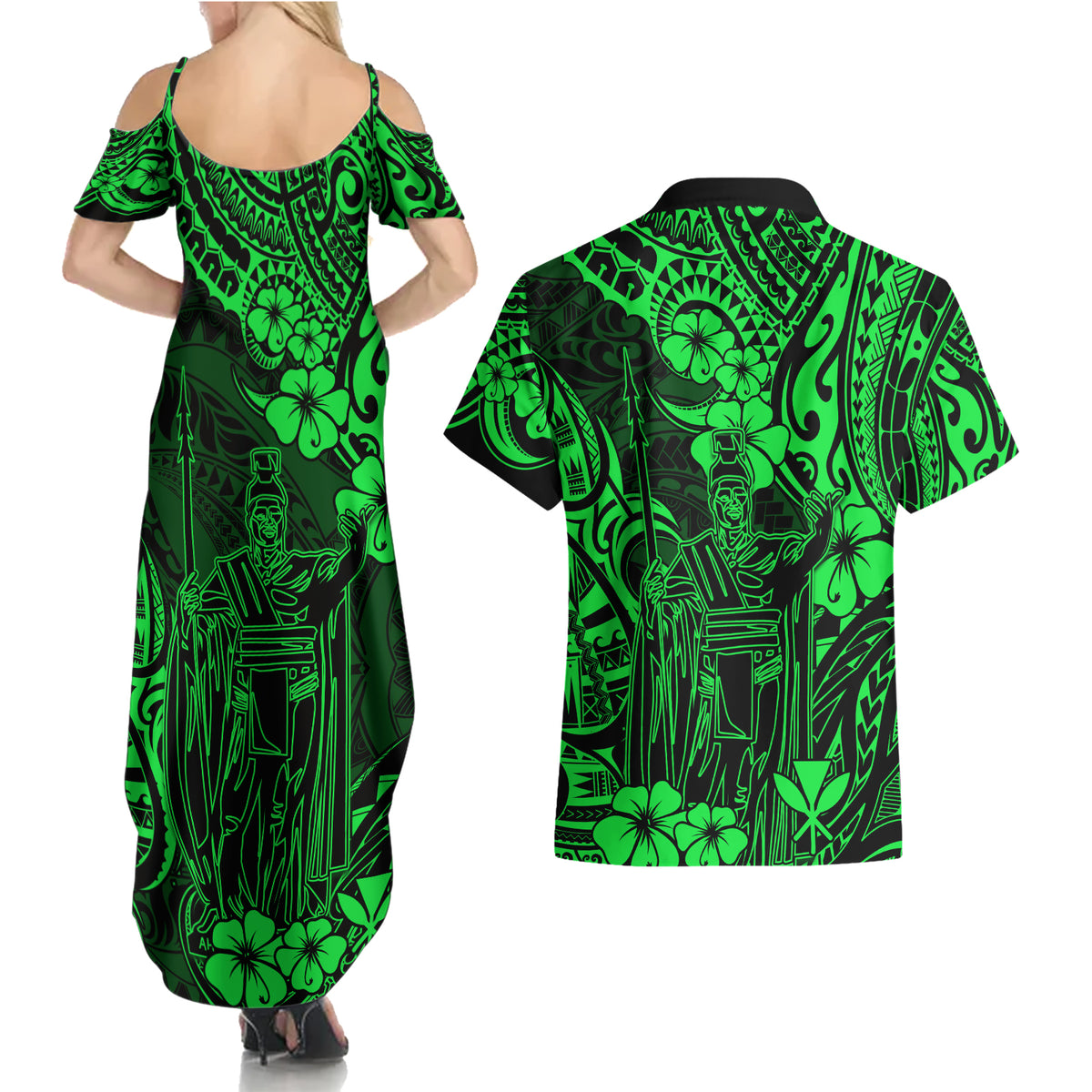 Hawaii King Kamehameha Couples Matching Summer Maxi Dress and Hawaiian Shirt Polynesian Pattern Green Version - Wonder Print Shop