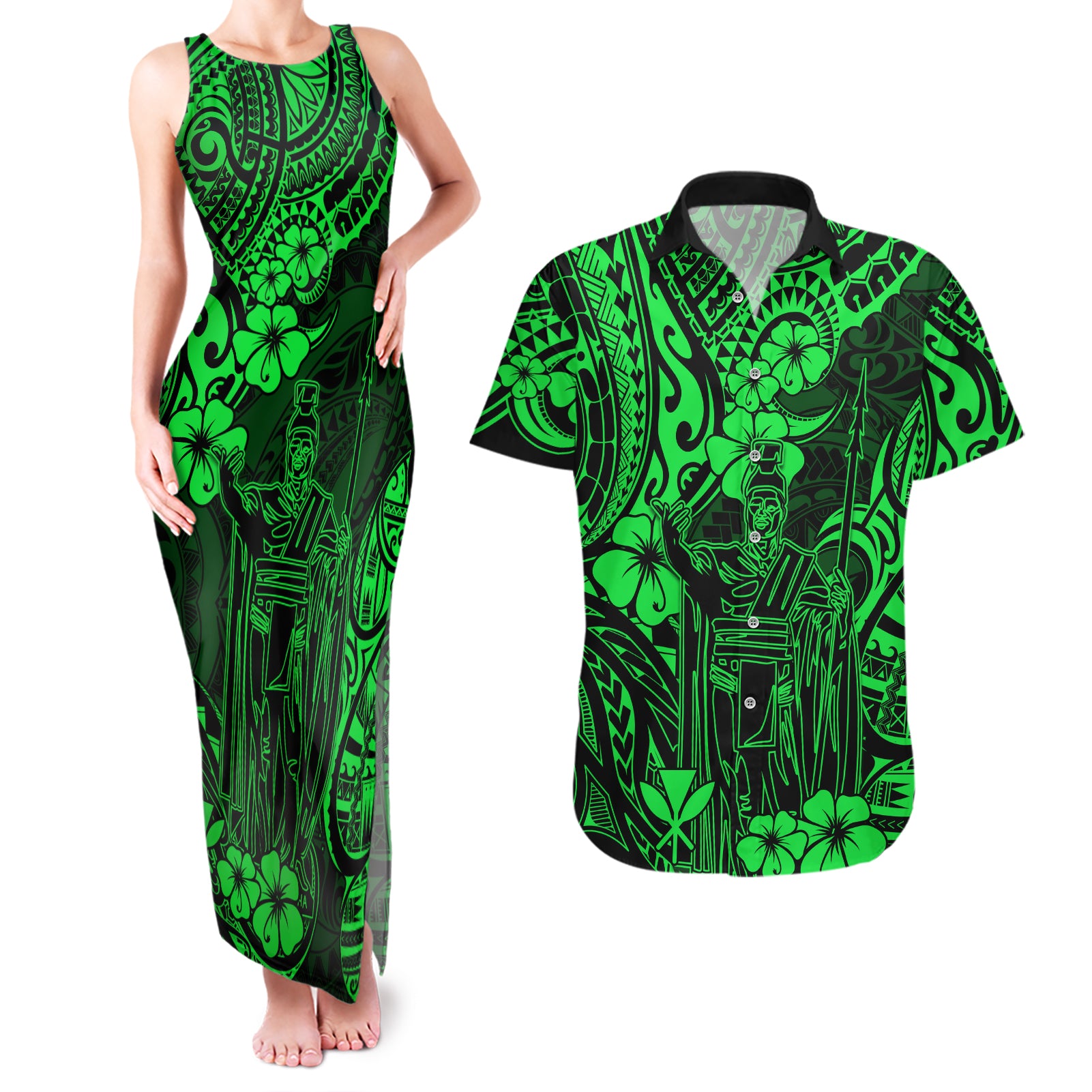 Hawaii King Kamehameha Couples Matching Tank Maxi Dress and Hawaiian Shirt Polynesian Pattern Green Version - Wonder Print Shop