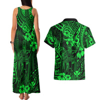 Hawaii King Kamehameha Couples Matching Tank Maxi Dress and Hawaiian Shirt Polynesian Pattern Green Version - Wonder Print Shop