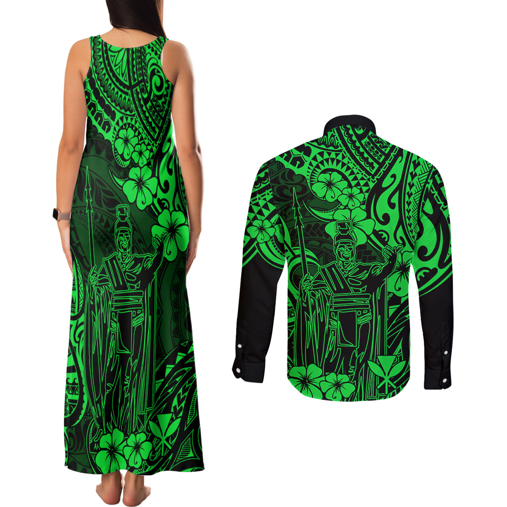 Hawaii King Kamehameha Couples Matching Tank Maxi Dress and Long Sleeve Button Shirts Polynesian Pattern Green Version - Wonder Print Shop