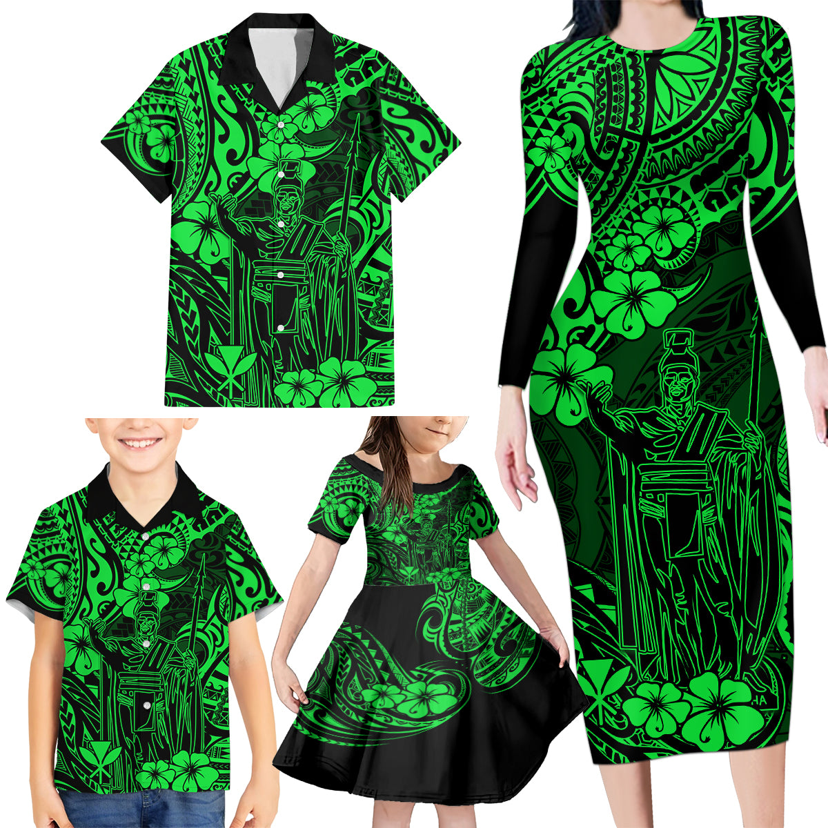 Hawaii King Kamehameha Family Matching Long Sleeve Bodycon Dress and Hawaiian Shirt Polynesian Pattern Green Version - Wonder Print Shop
