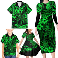 Hawaii King Kamehameha Family Matching Long Sleeve Bodycon Dress and Hawaiian Shirt Polynesian Pattern Green Version - Wonder Print Shop