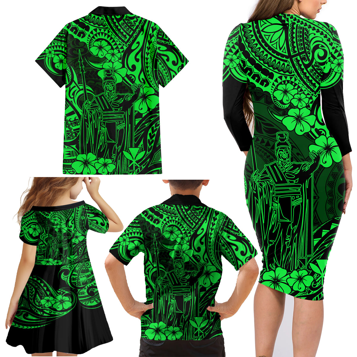 Hawaii King Kamehameha Family Matching Long Sleeve Bodycon Dress and Hawaiian Shirt Polynesian Pattern Green Version - Wonder Print Shop