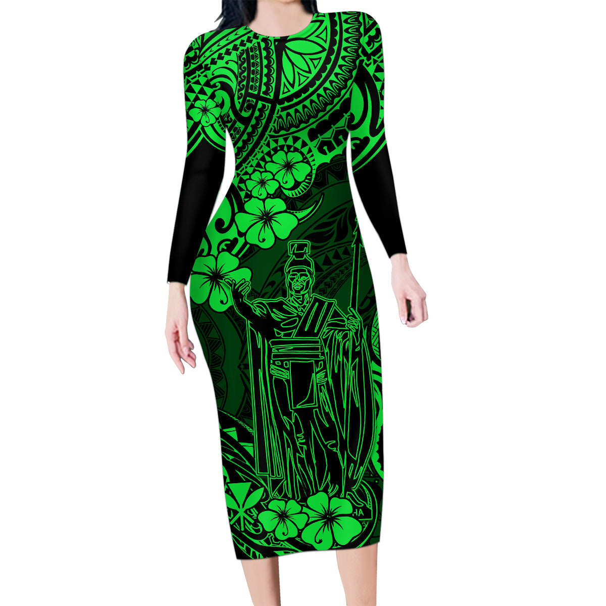 Hawaii King Kamehameha Family Matching Long Sleeve Bodycon Dress and Hawaiian Shirt Polynesian Pattern Green Version - Wonder Print Shop