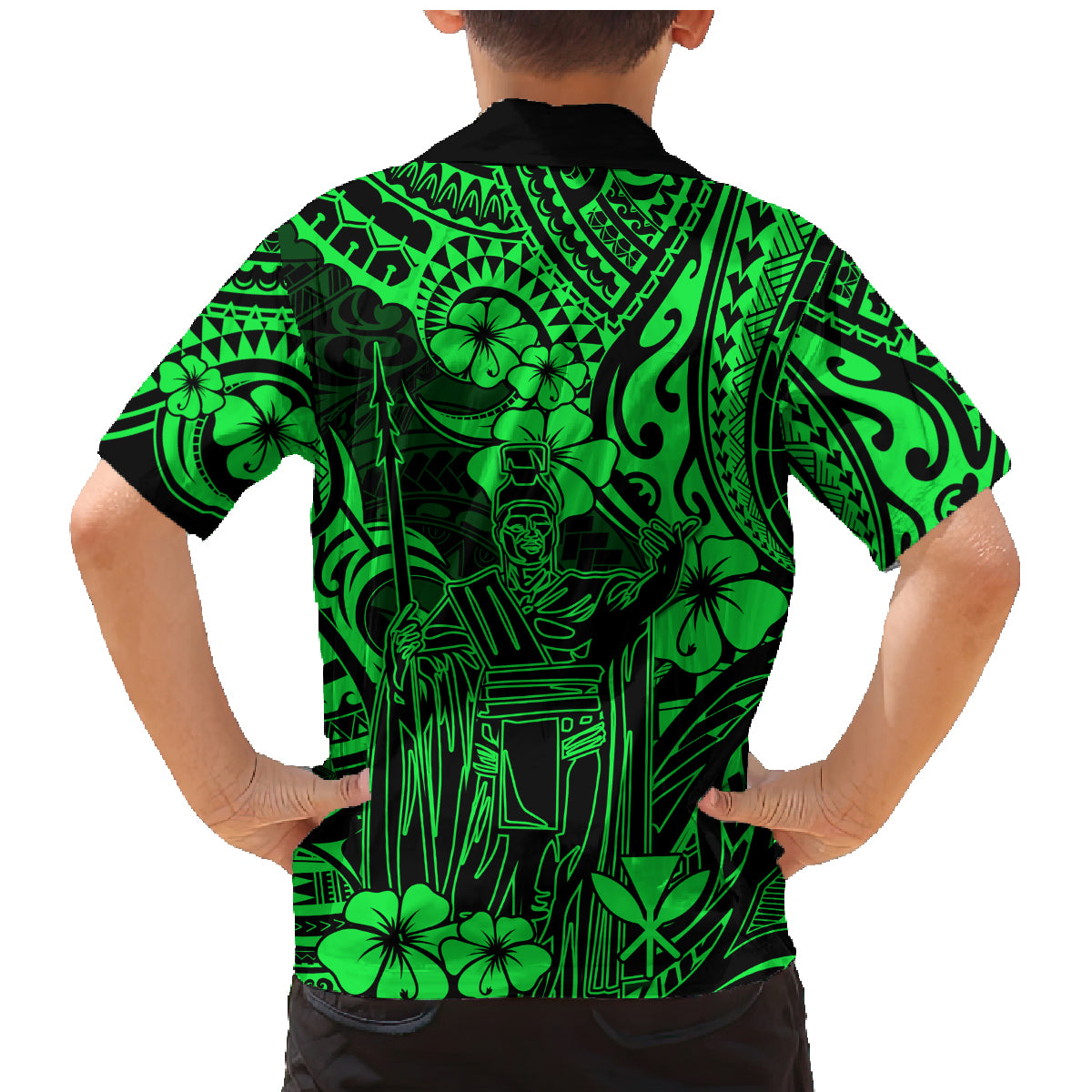 Hawaii King Kamehameha Family Matching Mermaid Dress and Hawaiian Shirt Polynesian Pattern Green Version - Wonder Print Shop