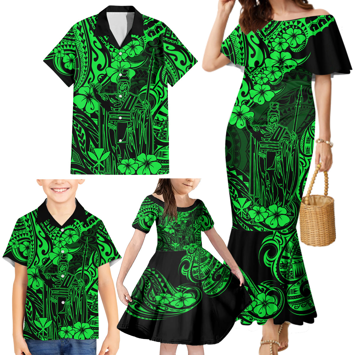 Hawaii King Kamehameha Family Matching Mermaid Dress and Hawaiian Shirt Polynesian Pattern Green Version - Wonder Print Shop