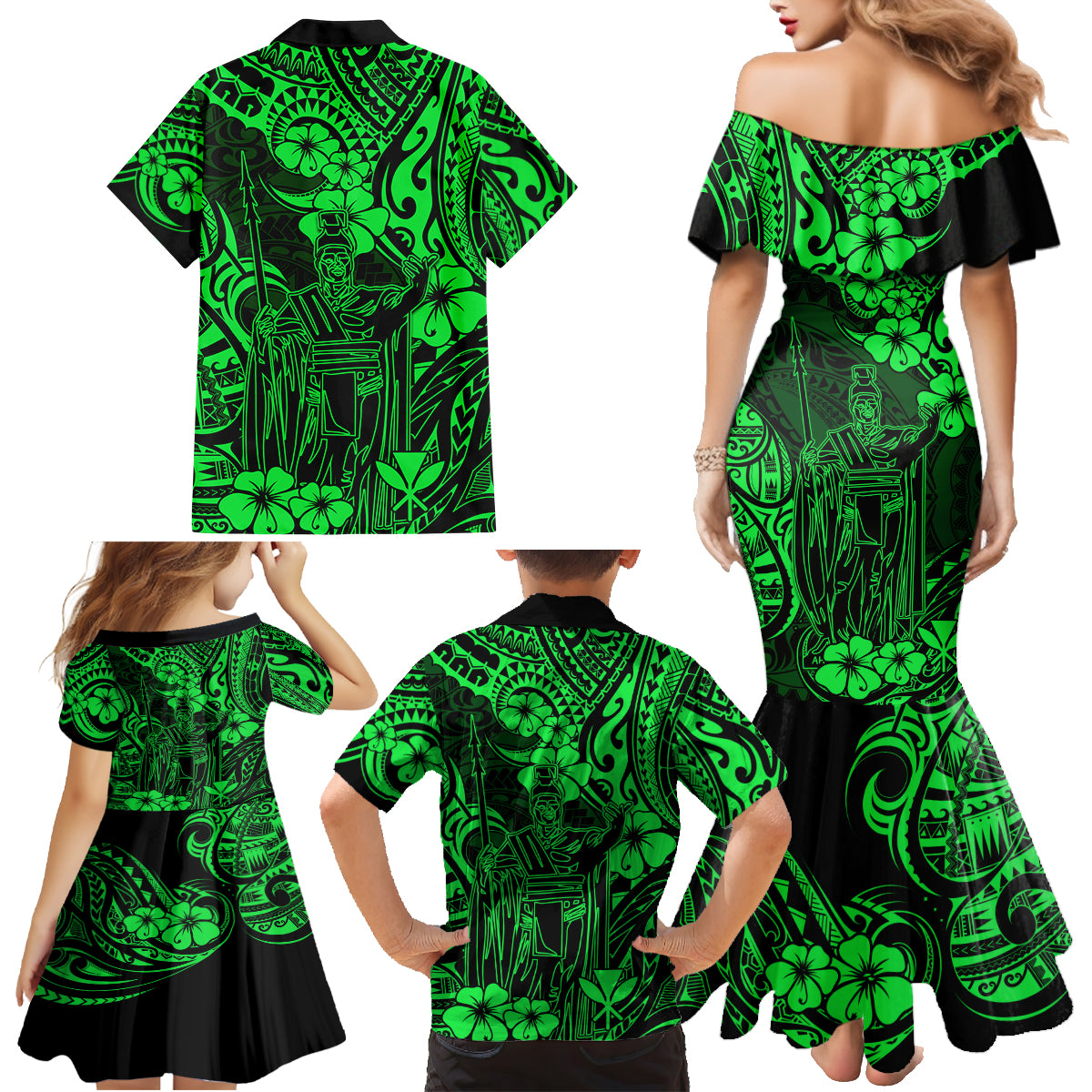 Hawaii King Kamehameha Family Matching Mermaid Dress and Hawaiian Shirt Polynesian Pattern Green Version - Wonder Print Shop