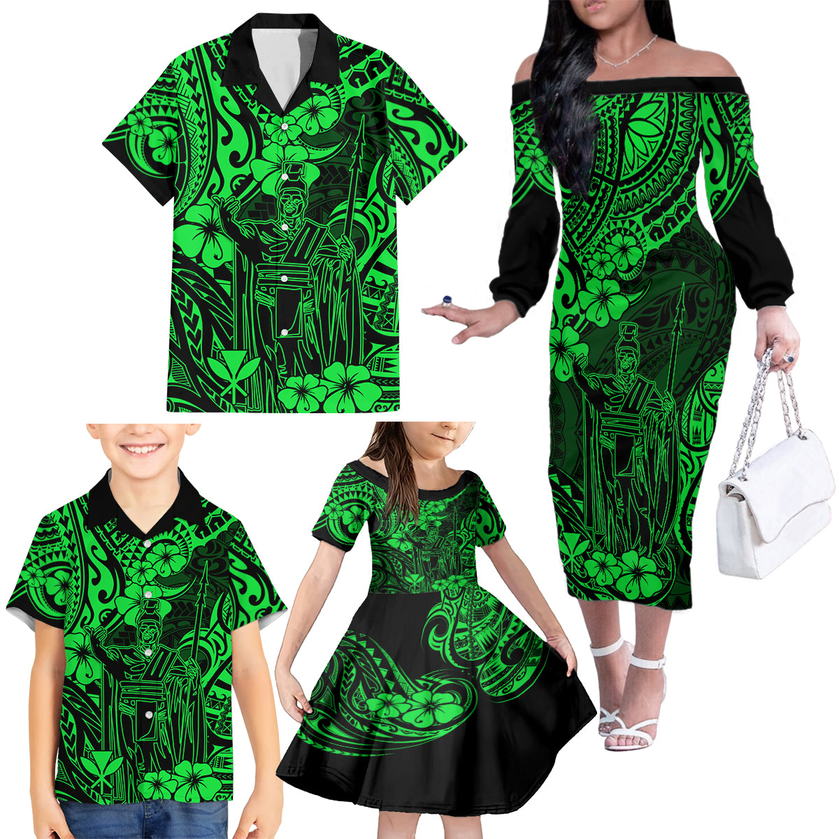Hawaii King Kamehameha Family Matching Off Shoulder Long Sleeve Dress and Hawaiian Shirt Polynesian Pattern Green Version - Wonder Print Shop