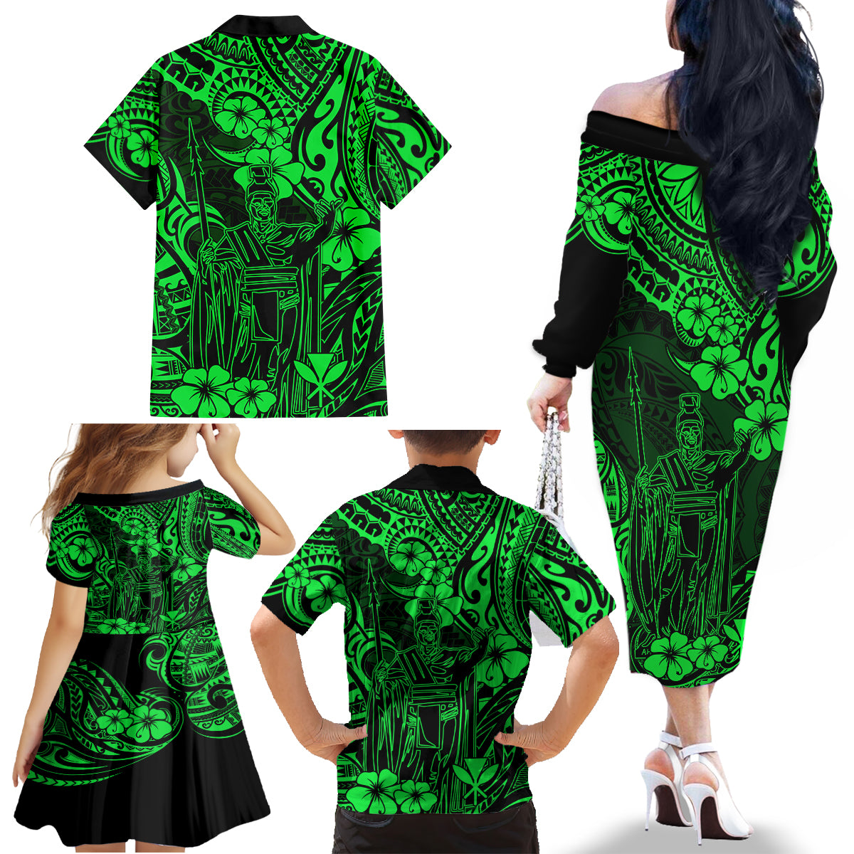 Hawaii King Kamehameha Family Matching Off Shoulder Long Sleeve Dress and Hawaiian Shirt Polynesian Pattern Green Version - Wonder Print Shop
